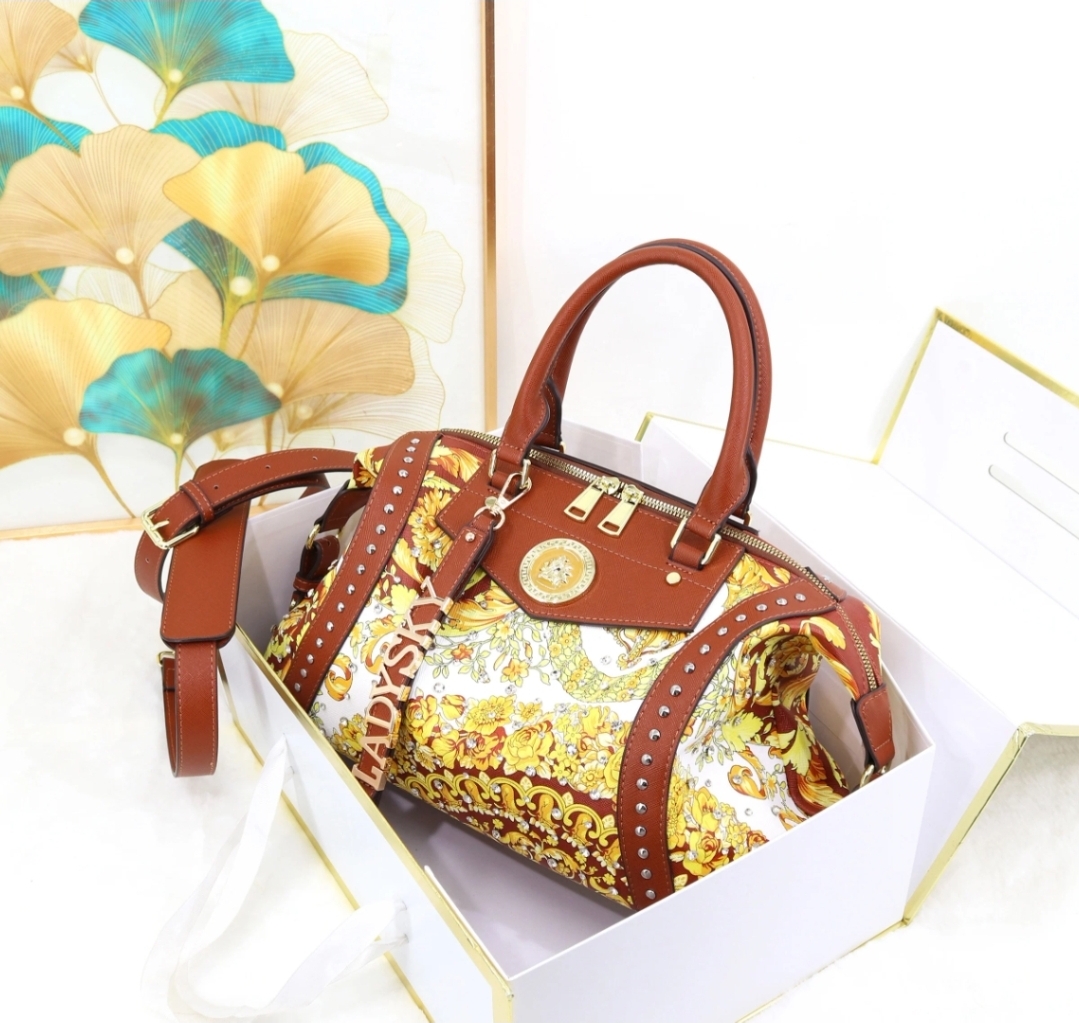 Tassel Flower Baroque Boston Bag in Brown flower vine